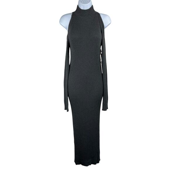 ASTR Charcoal Gray Cold Shoulder Mock Neck Bodycon Midi Sweater Dress Medium NWT - Picture 3 of 14